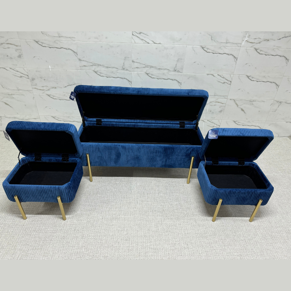 Trois tabourets de luxe rectangulaires 2 en 1 : Tabouret + Espace de rangement.